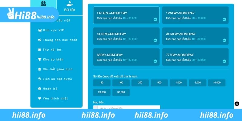 Nạp tiền Hi88 bằng ví điện tử không tốn bất cứ phí hoa hồng nào